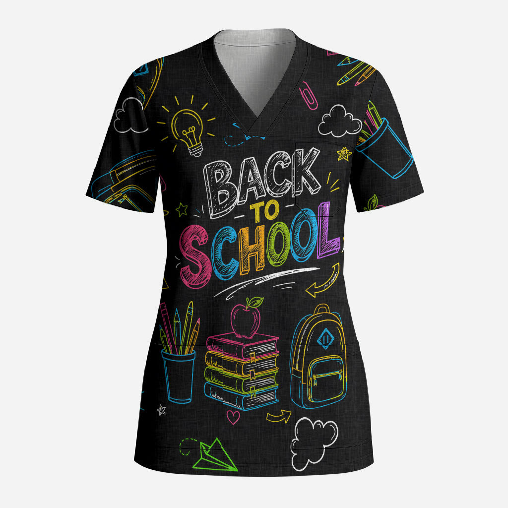 Back To School New Year New Chapter Scrub Top Colorful Neon Chalkboard Doodle School Supplies