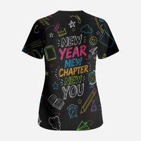 Back To School New Year New Chapter Scrub Top Colorful Neon Chalkboard Doodle School Supplies