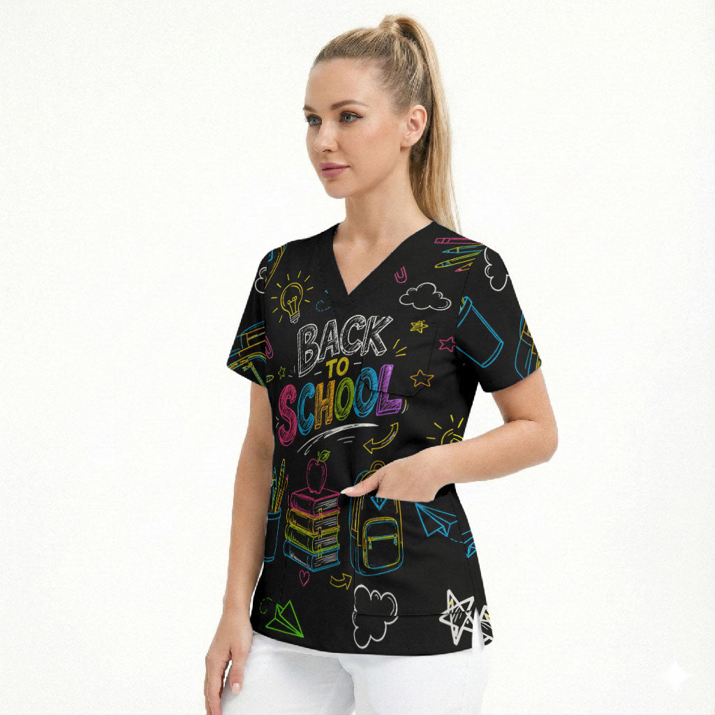 Back To School New Year New Chapter Scrub Top Colorful Neon Chalkboard Doodle School Supplies