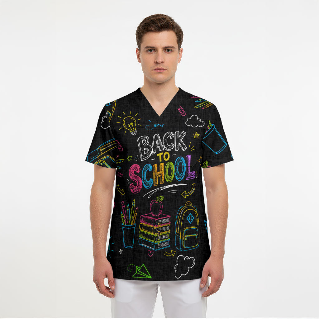 Back To School New Year New Chapter Scrub Top Colorful Neon Chalkboard Doodle School Supplies