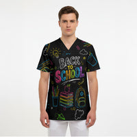 Back To School New Year New Chapter Scrub Top Colorful Neon Chalkboard Doodle School Supplies