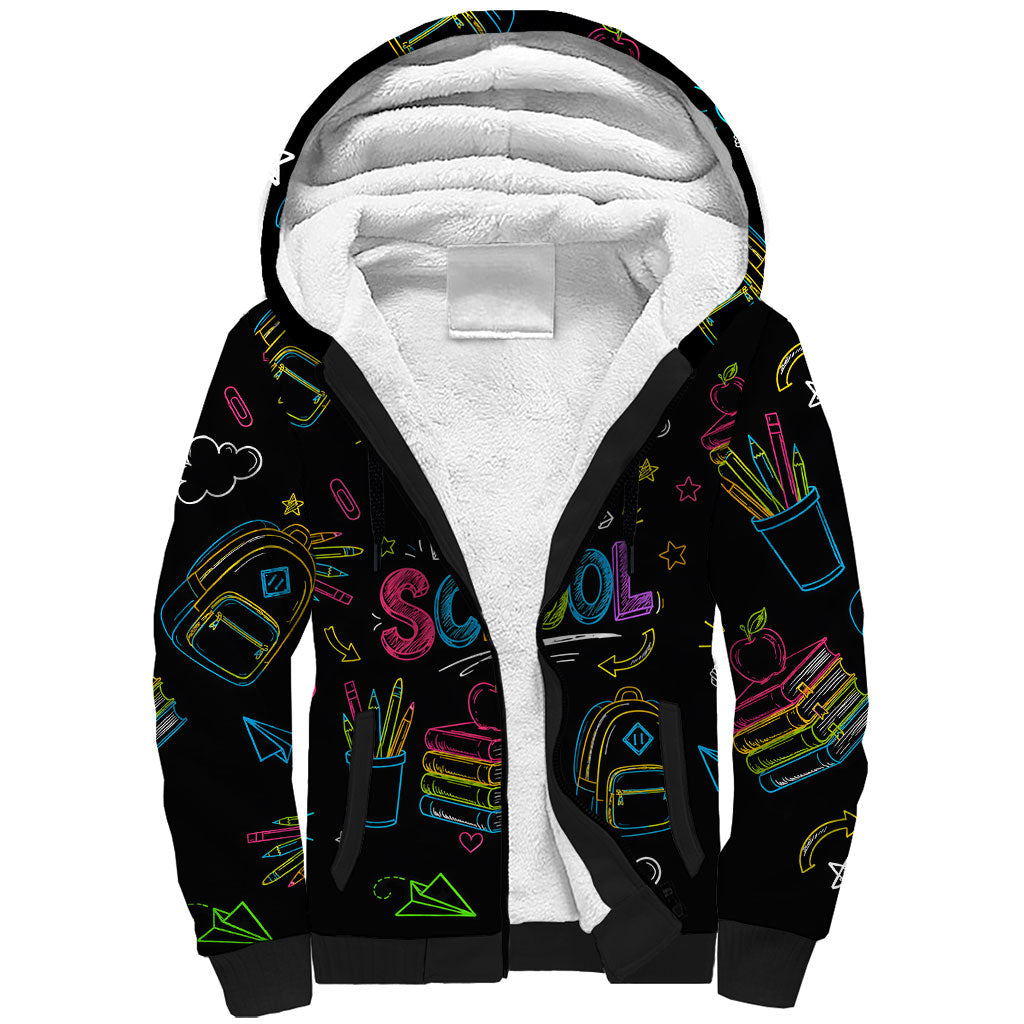 Back To School New Year New Chapter Sherpa Hoodie Colorful Neon Chalkboard Doodle School Supplies