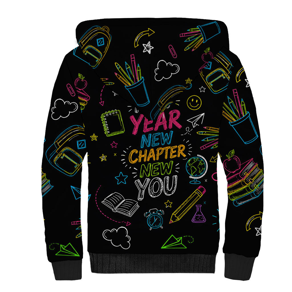 Back To School New Year New Chapter Sherpa Hoodie Colorful Neon Chalkboard Doodle School Supplies