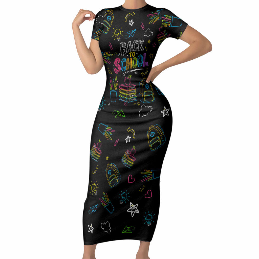 Back To School New Year New Chapter Short Sleeve Bodycon Dress Colorful Neon Chalkboard Doodle School Supplies