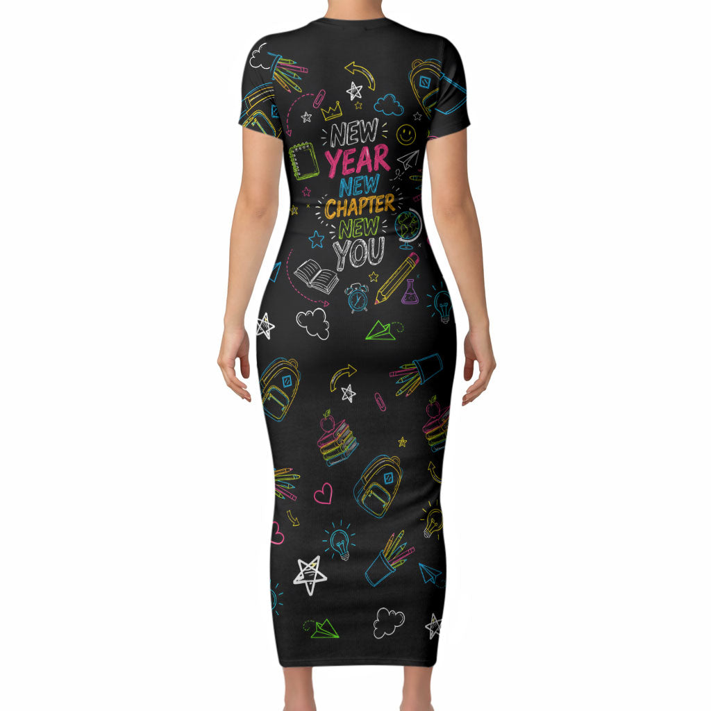 Back To School New Year New Chapter Short Sleeve Bodycon Dress Colorful Neon Chalkboard Doodle School Supplies