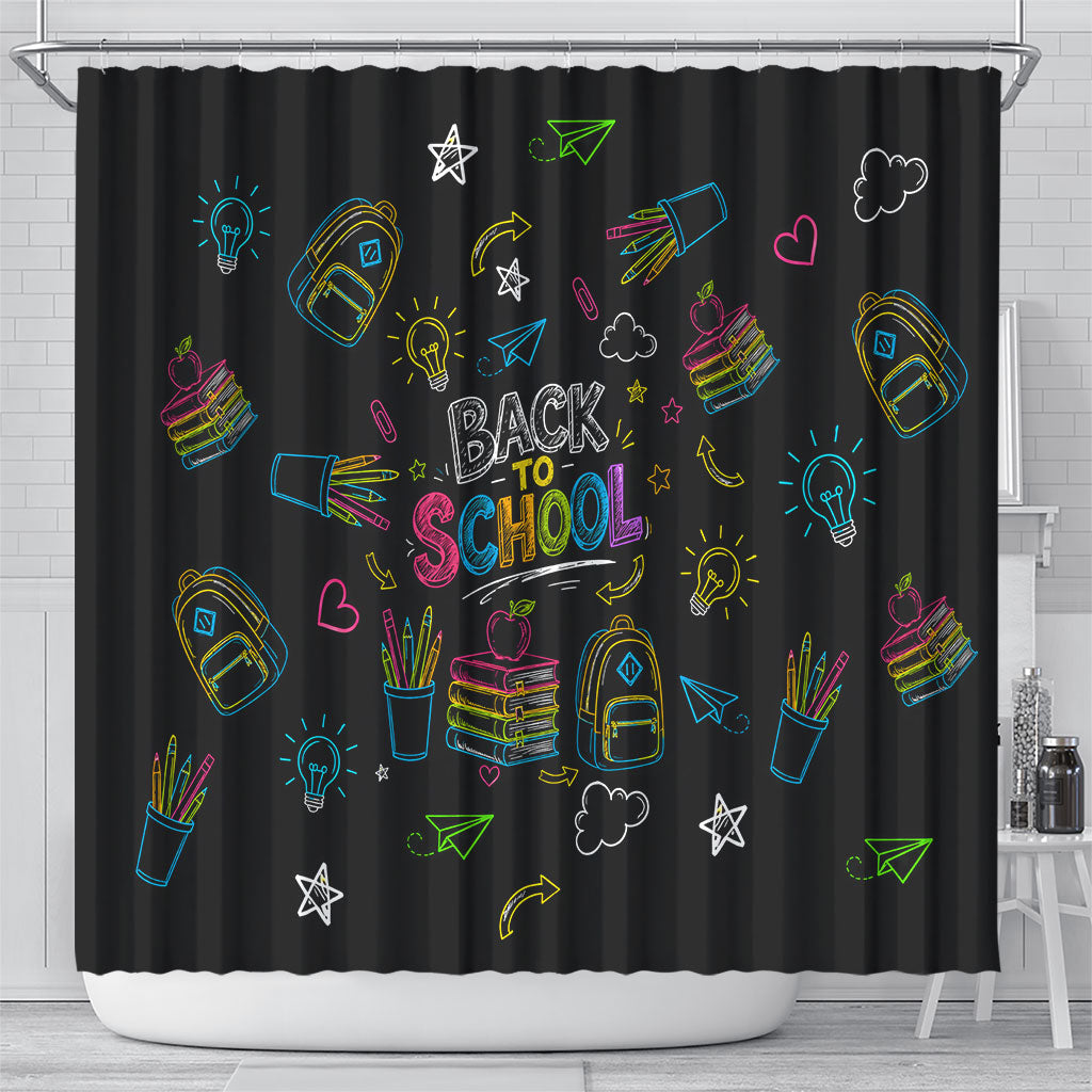 Back To School New Year New Chapter Shower Curtain Colorful Neon Chalkboard Doodle School Supplies