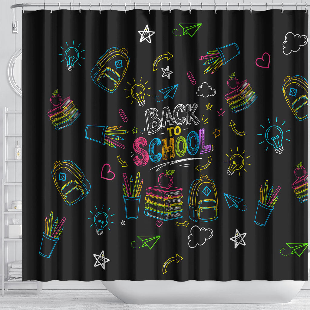 Back To School New Year New Chapter Shower Curtain Colorful Neon Chalkboard Doodle School Supplies