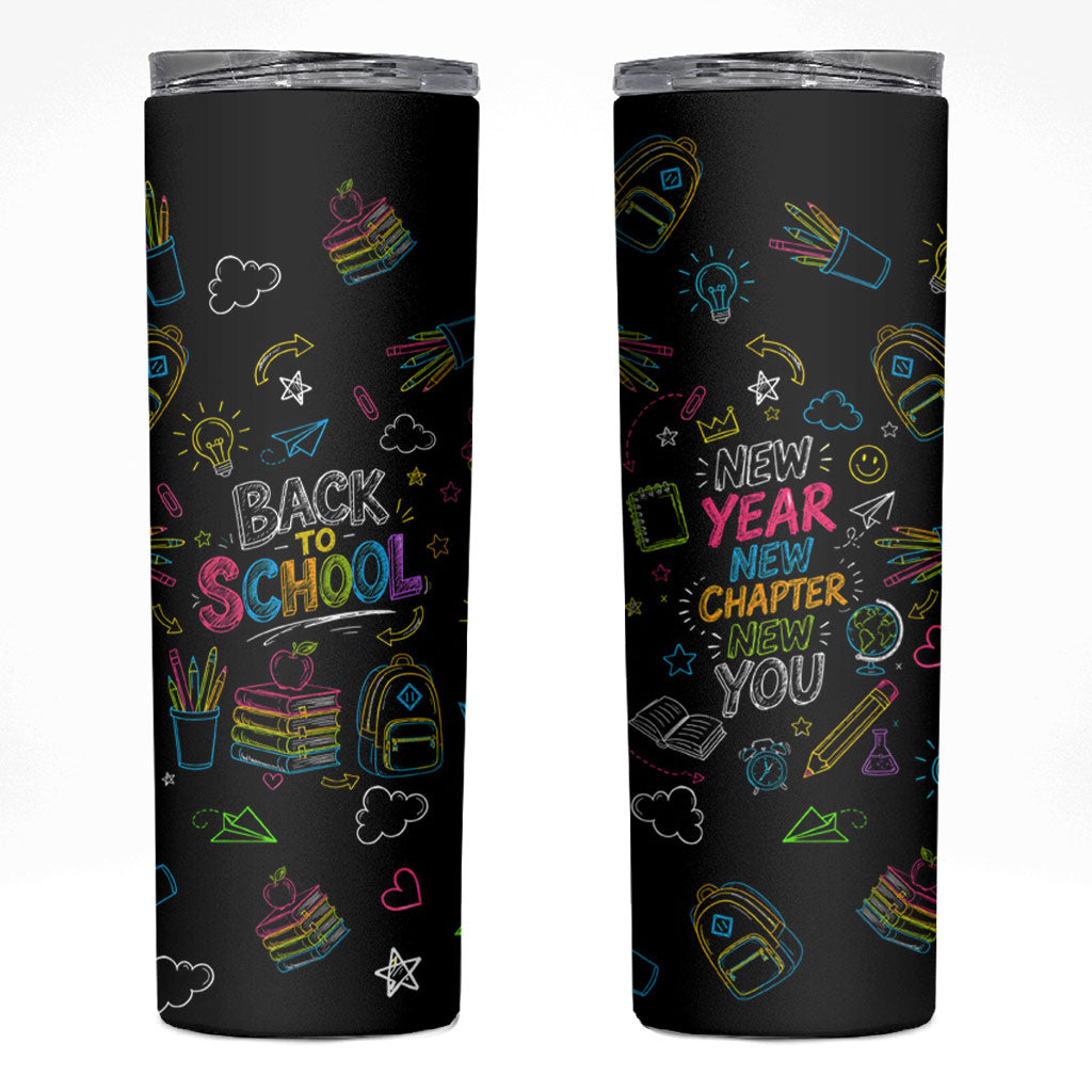 Back To School New Year New Chapter Skinny Tumbler Colorful Neon Chalkboard Doodle School Supplies