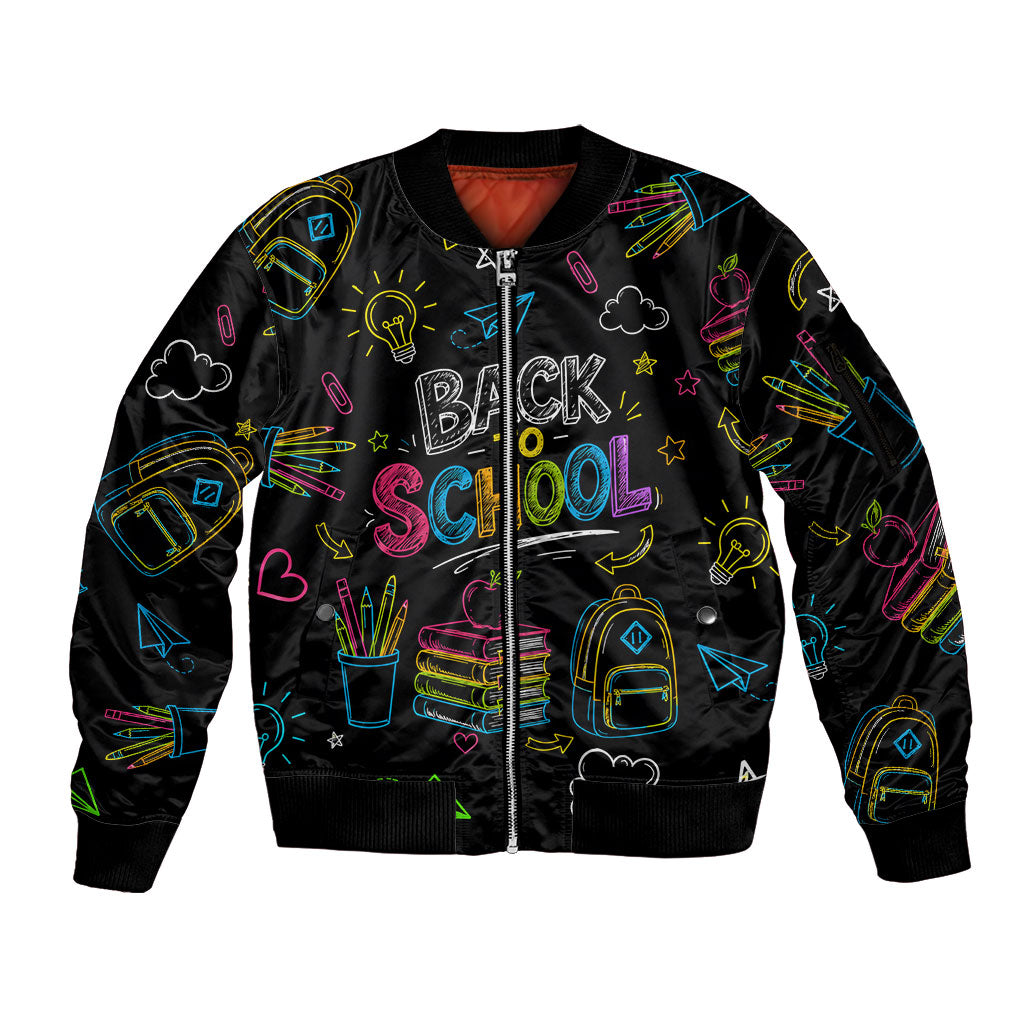 Back To School New Year New Chapter Sleeve Zip Bomber Jacket Colorful Neon Chalkboard Doodle School Supplies