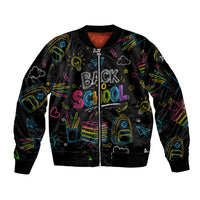 Back To School New Year New Chapter Sleeve Zip Bomber Jacket Colorful Neon Chalkboard Doodle School Supplies