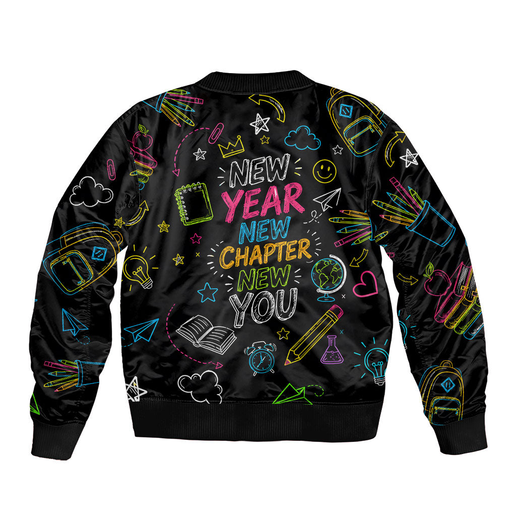 Back To School New Year New Chapter Sleeve Zip Bomber Jacket Colorful Neon Chalkboard Doodle School Supplies