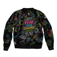 Back To School New Year New Chapter Sleeve Zip Bomber Jacket Colorful Neon Chalkboard Doodle School Supplies
