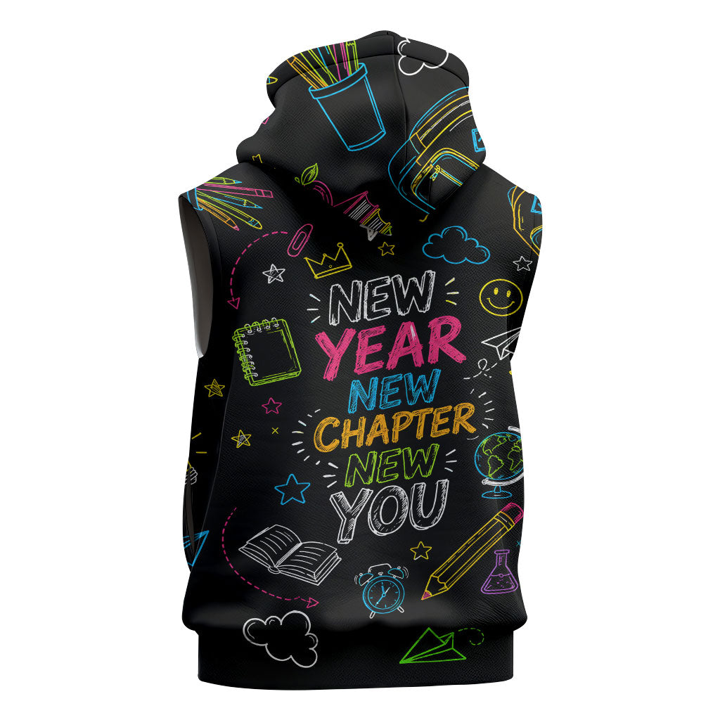 Back To School New Year New Chapter Sleeveless Hoodie Colorful Neon Chalkboard Doodle School Supplies