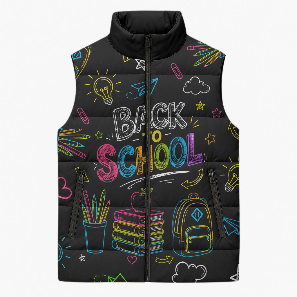 Back To School New Year New Chapter Sleeveless Puffer Jacket Colorful Neon Chalkboard Doodle School Supplies