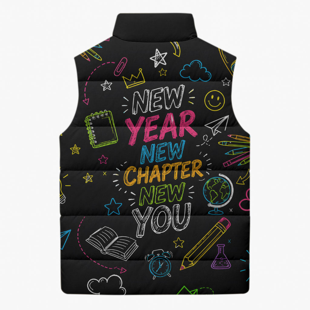 Back To School New Year New Chapter Sleeveless Puffer Jacket Colorful Neon Chalkboard Doodle School Supplies