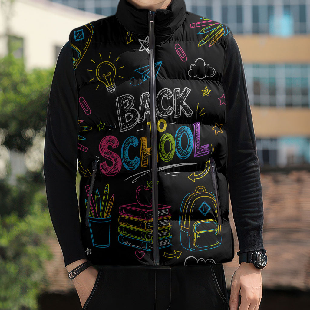Back To School New Year New Chapter Sleeveless Puffer Jacket Colorful Neon Chalkboard Doodle School Supplies