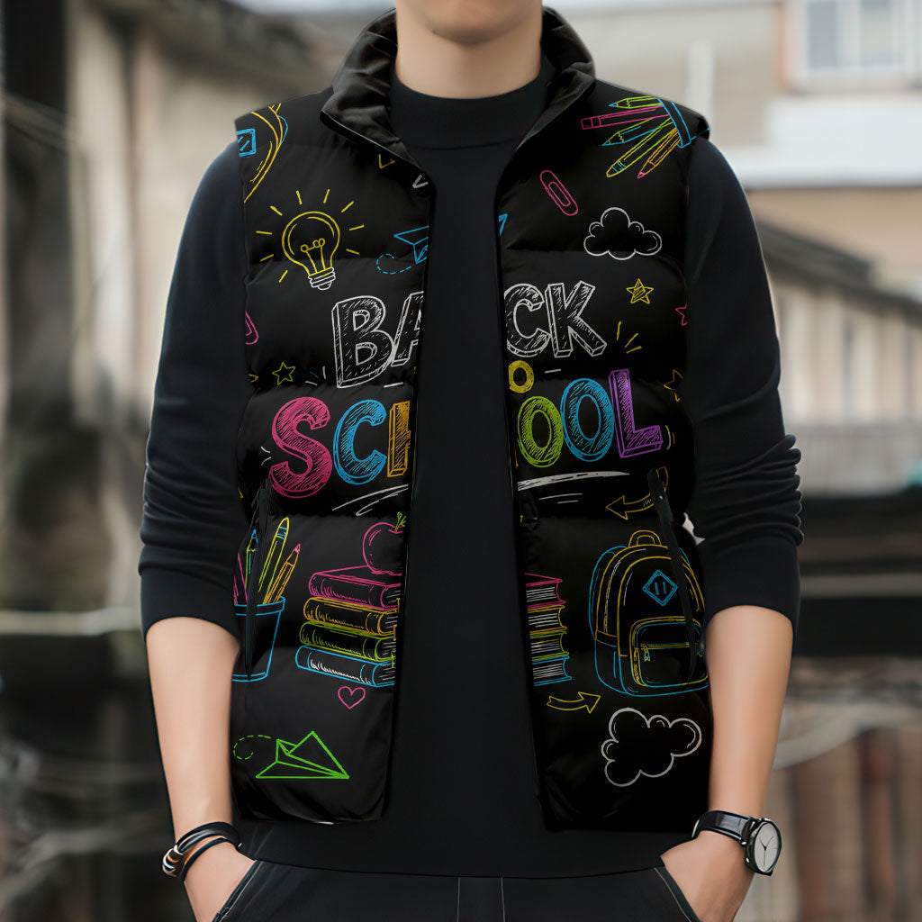 Back To School New Year New Chapter Sleeveless Puffer Jacket Colorful Neon Chalkboard Doodle School Supplies