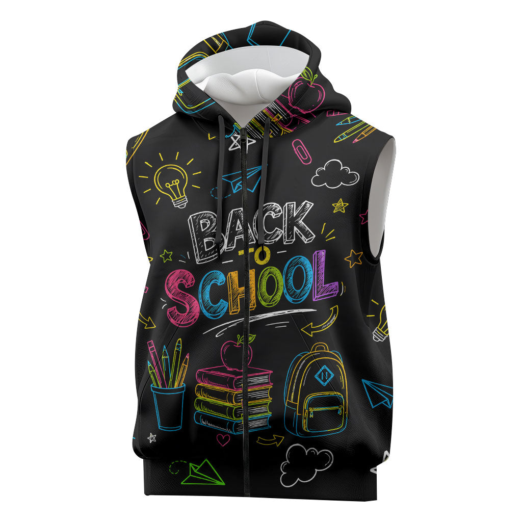 Back To School New Year New Chapter Sleeveless Zip Hoodie Colorful Neon Chalkboard Doodle School Supplies