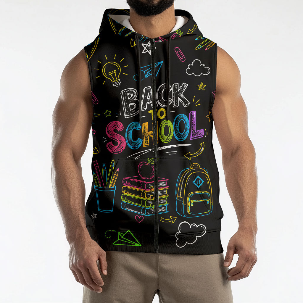Back To School New Year New Chapter Sleeveless Zip Hoodie Colorful Neon Chalkboard Doodle School Supplies