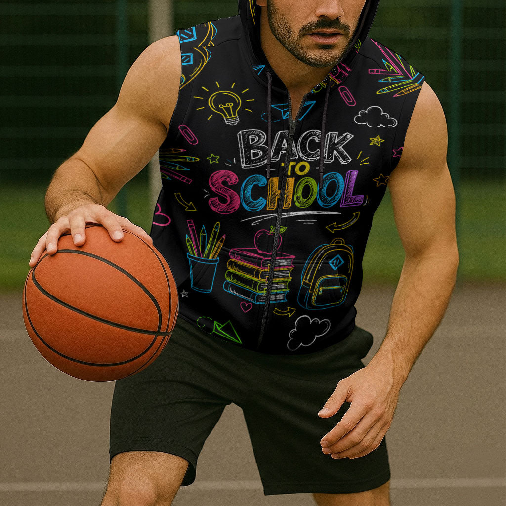 Back To School New Year New Chapter Sleeveless Zip Hoodie Colorful Neon Chalkboard Doodle School Supplies