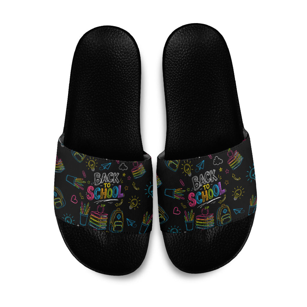 Back To School New Year New Chapter Slide Sandals Colorful Neon Chalkboard Doodle School Supplies