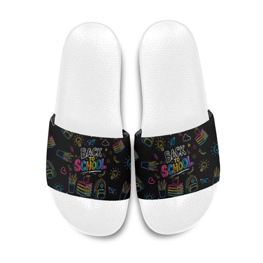 Back To School New Year New Chapter Slide Sandals Colorful Neon Chalkboard Doodle School Supplies