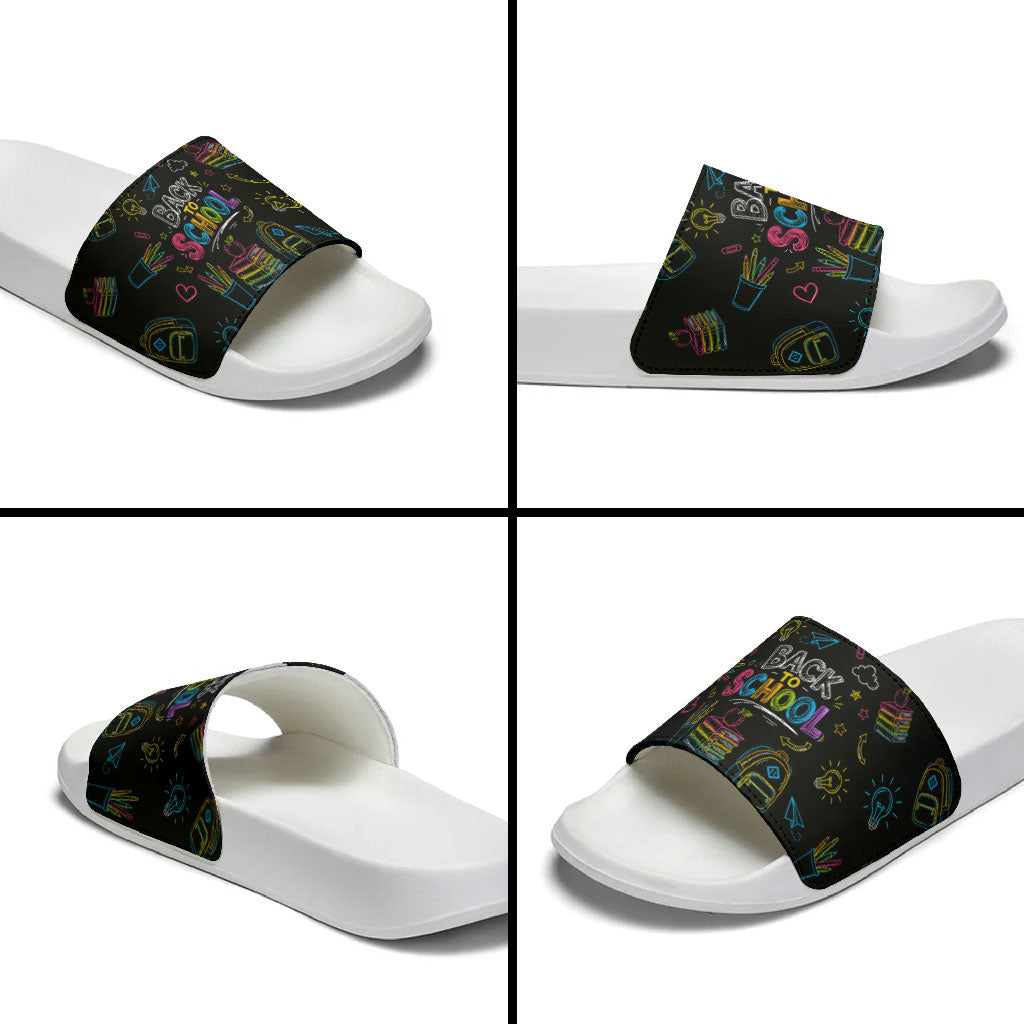 Back To School New Year New Chapter Slide Sandals Colorful Neon Chalkboard Doodle School Supplies