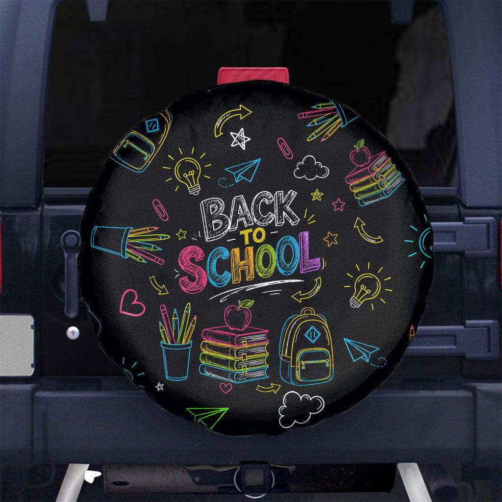 Back To School New Year New Chapter Spare Tire Cover Colorful Neon Chalkboard Doodle School Supplies