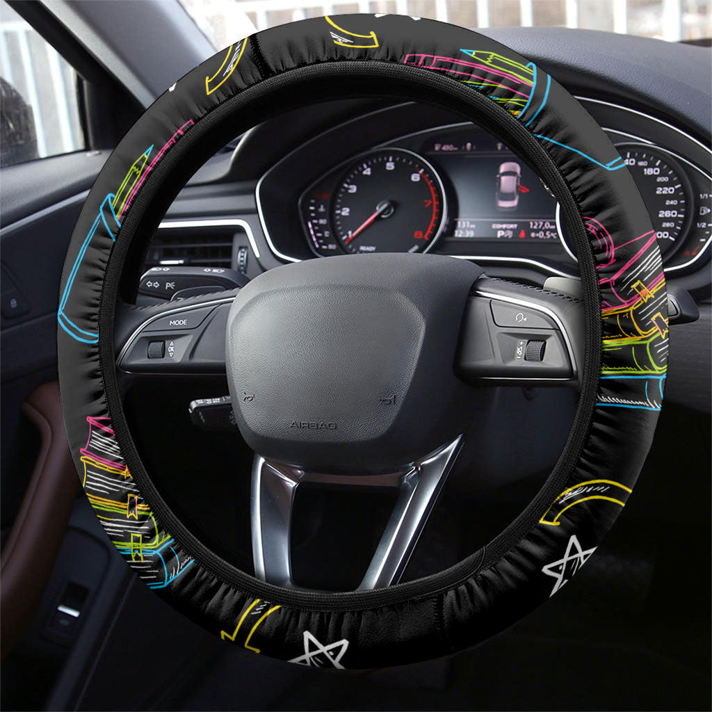 Back To School New Year New Chapter Steering Wheel Cover Colorful Neon Chalkboard Doodle School Supplies