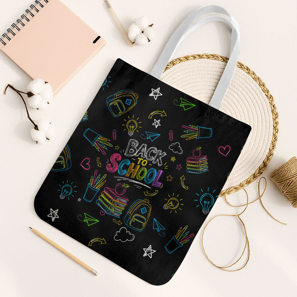 Back To School New Year New Chapter Tote Bag Colorful Neon Chalkboard Doodle School Supplies
