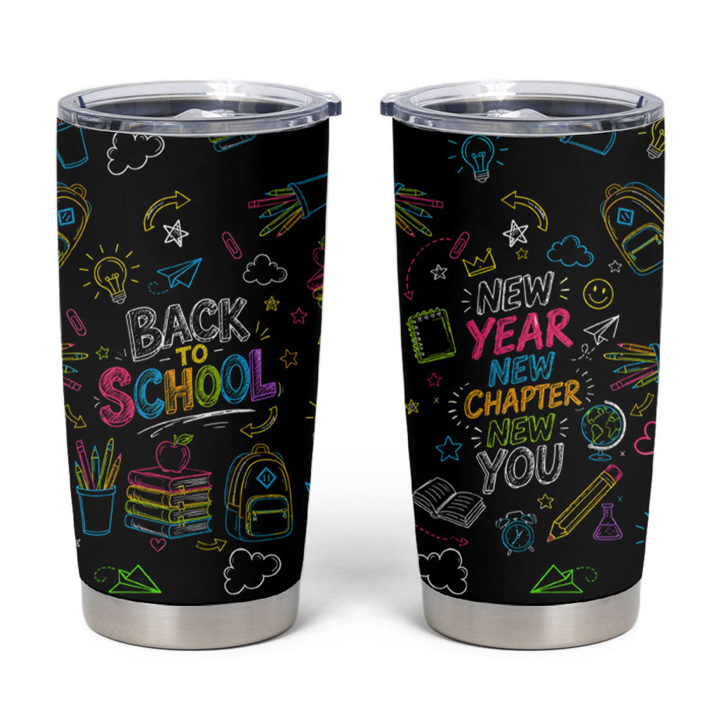 Back To School New Year New Chapter Tumbler Cup Colorful Neon Chalkboard Doodle School Supplies
