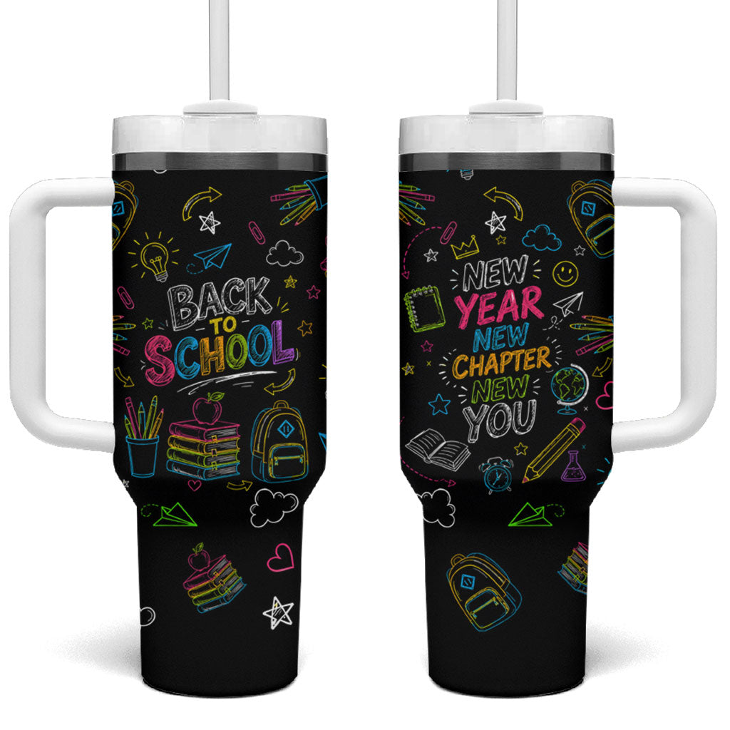 Back To School New Year New Chapter Tumbler With Handle Colorful Neon Chalkboard Doodle School Supplies