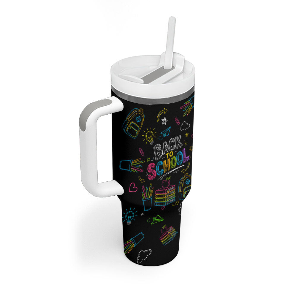 Back To School New Year New Chapter Tumbler With Handle Colorful Neon Chalkboard Doodle School Supplies