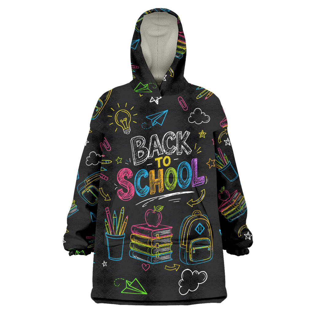 Back To School New Year New Chapter Wearable Blanket Hoodie Colorful Neon Chalkboard Doodle School Supplies