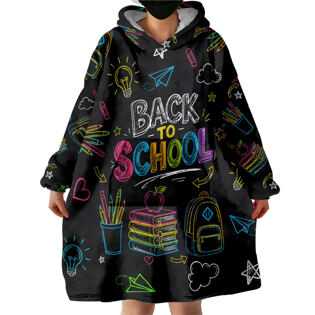 Back To School New Year New Chapter Wearable Blanket Hoodie Colorful Neon Chalkboard Doodle School Supplies