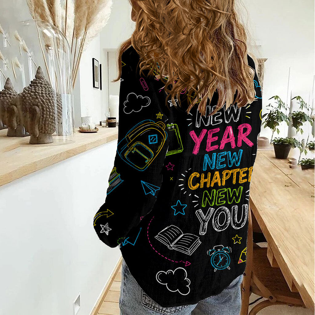 Back To School New Year New Chapter Women Casual Shirt Colorful Neon Chalkboard Doodle School Supplies
