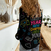 Back To School New Year New Chapter Women Casual Shirt Colorful Neon Chalkboard Doodle School Supplies