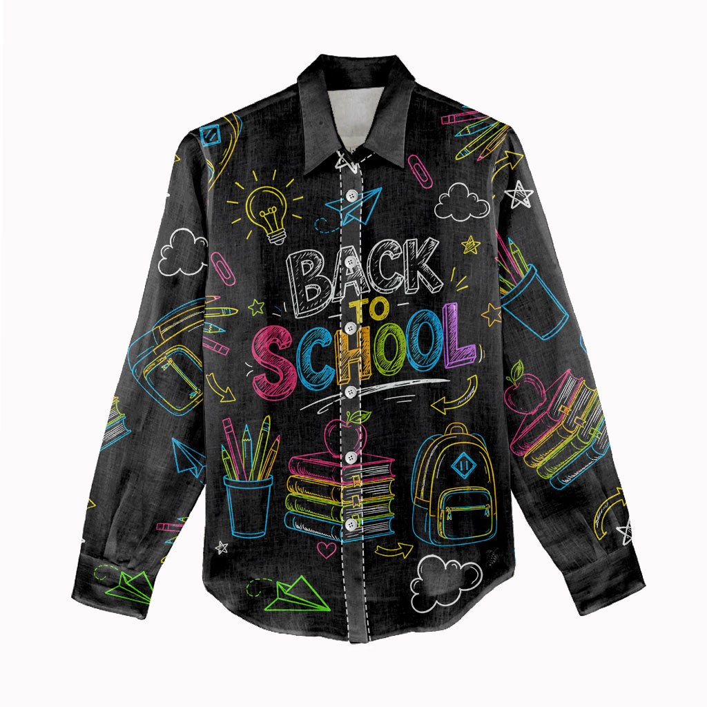 Back To School New Year New Chapter Women Casual Shirt Colorful Neon Chalkboard Doodle School Supplies