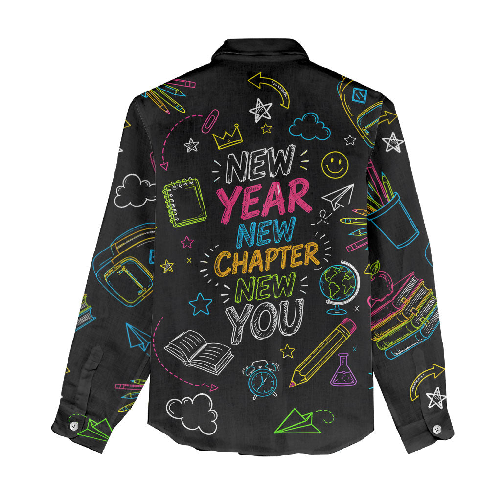 Back To School New Year New Chapter Women Casual Shirt Colorful Neon Chalkboard Doodle School Supplies