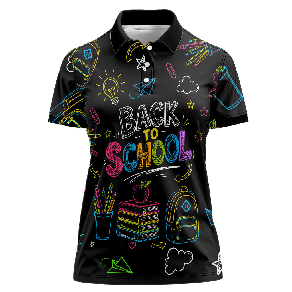 Back To School New Year New Chapter Women Polo Shirt Colorful Neon Chalkboard Doodle School Supplies