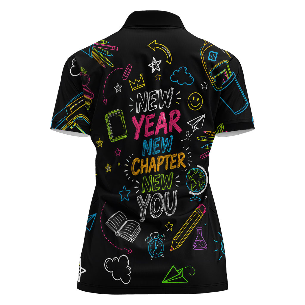 Back To School New Year New Chapter Women Polo Shirt Colorful Neon Chalkboard Doodle School Supplies