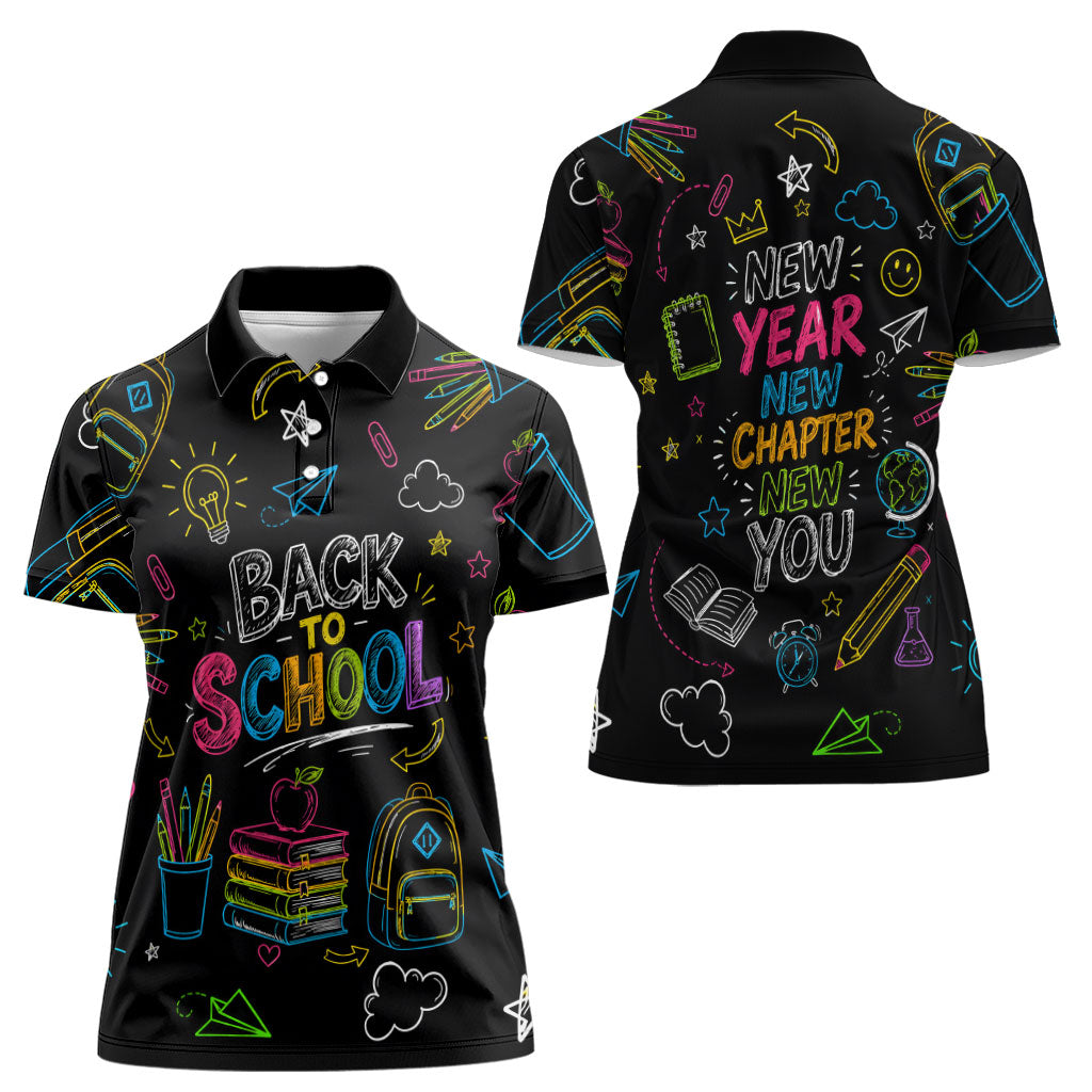 Back To School New Year New Chapter Women Polo Shirt Colorful Neon Chalkboard Doodle School Supplies