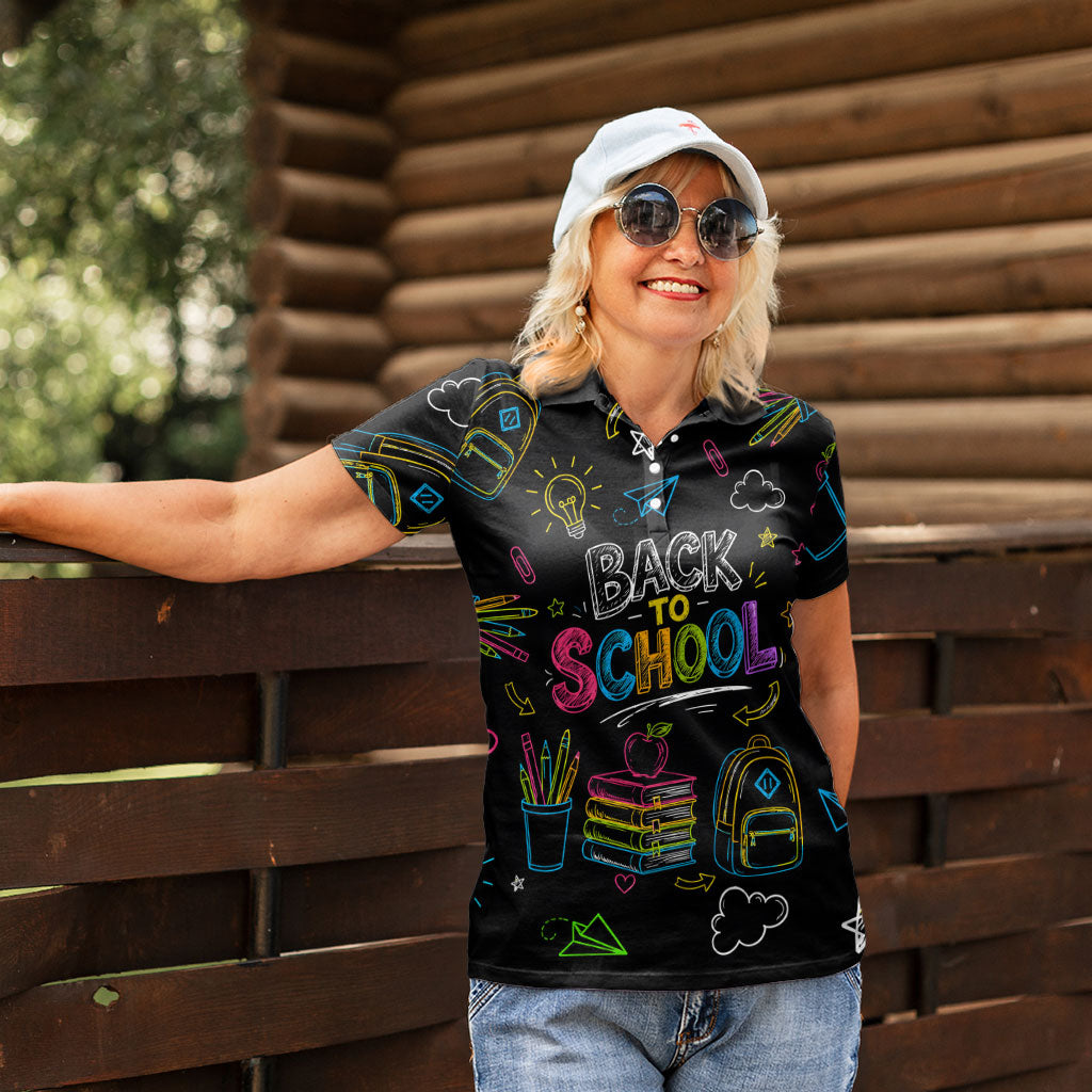 Back To School New Year New Chapter Women Polo Shirt Colorful Neon Chalkboard Doodle School Supplies