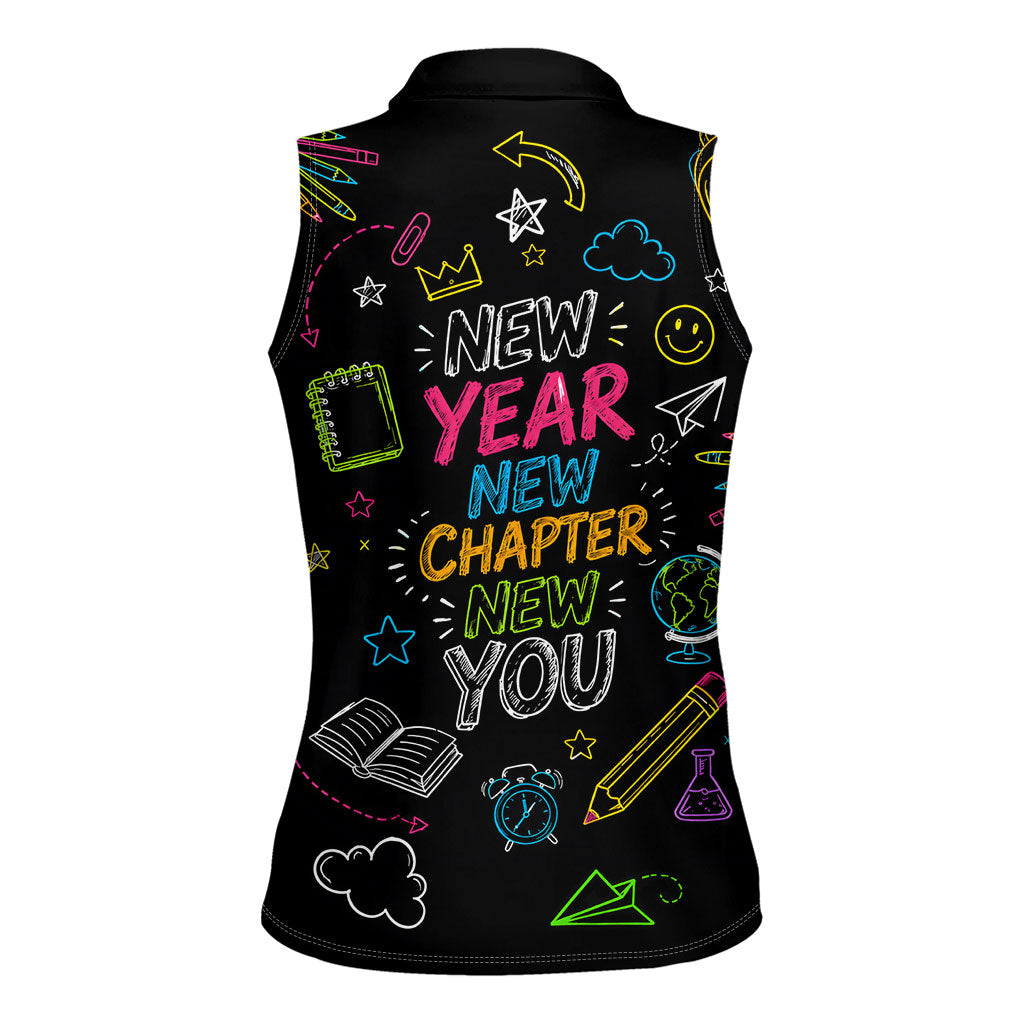 Back To School New Year New Chapter Women Sleeveless Polo Shirt Colorful Neon Chalkboard Doodle School Supplies