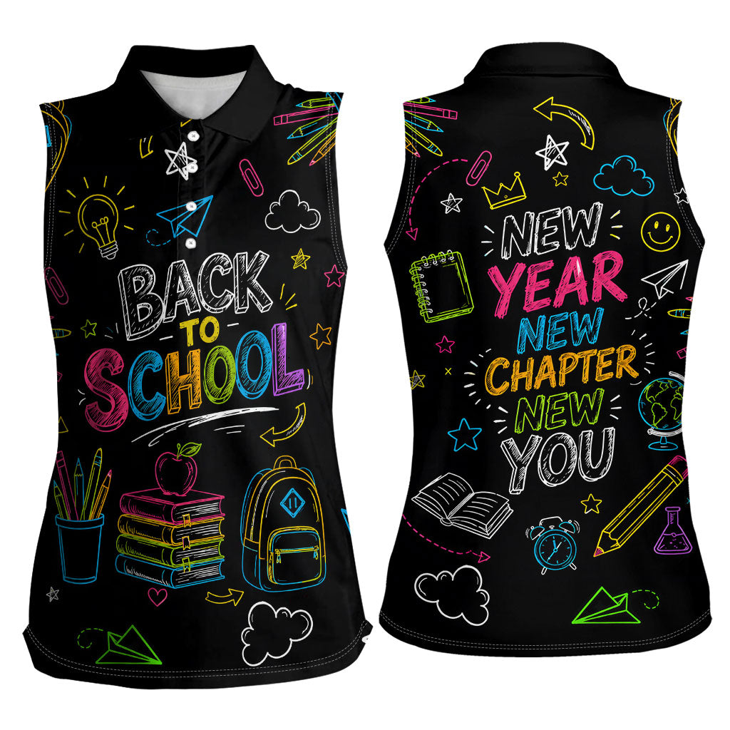 Back To School New Year New Chapter Women Sleeveless Polo Shirt Colorful Neon Chalkboard Doodle School Supplies