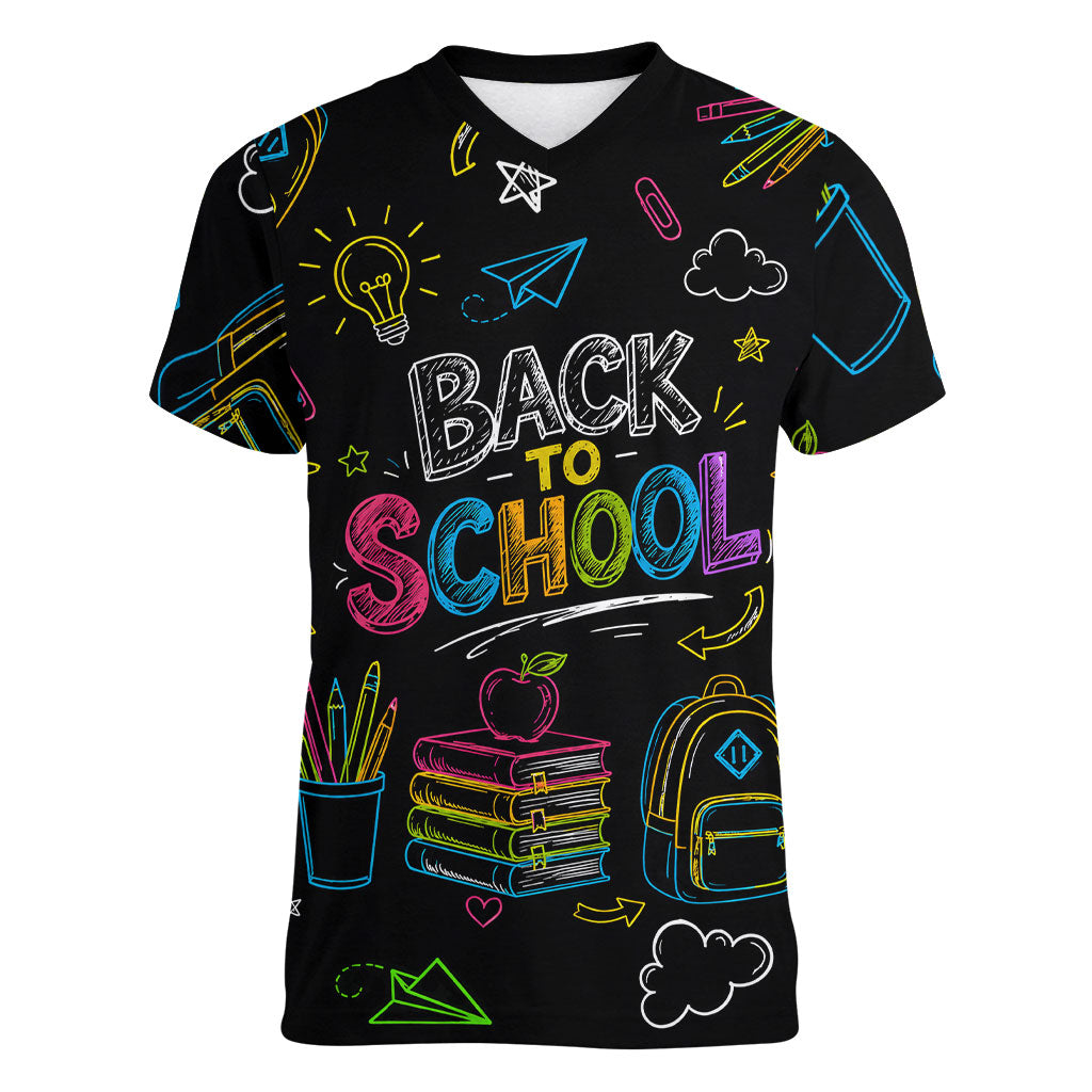 Back To School New Year New Chapter Women V-Neck T-Shirt Colorful Neon Chalkboard Doodle School Supplies