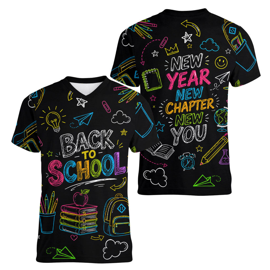 Back To School New Year New Chapter Women V-Neck T-Shirt Colorful Neon Chalkboard Doodle School Supplies