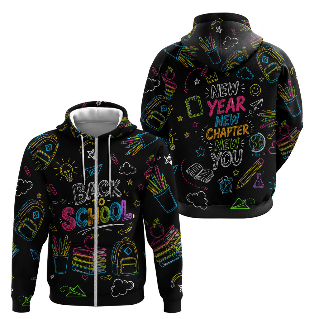Back To School New Year New Chapter Zip Hoodie Colorful Neon Chalkboard Doodle School Supplies
