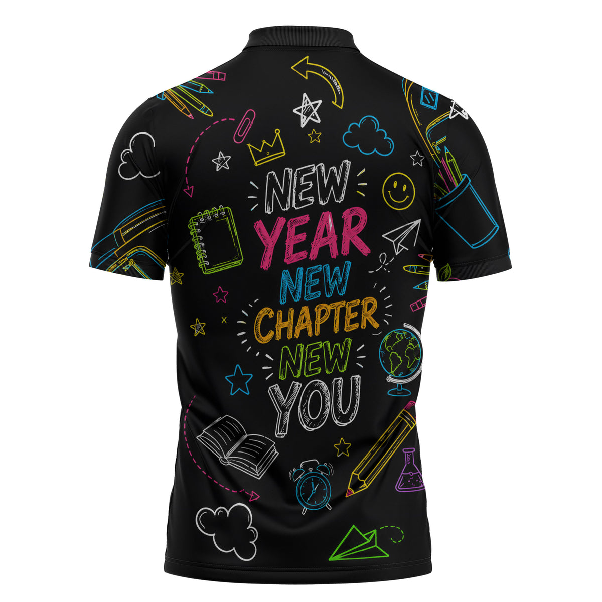 Back To School New Year New Chapter Zipper Polo Shirt Colorful Neon Chalkboard Doodle School Supplies