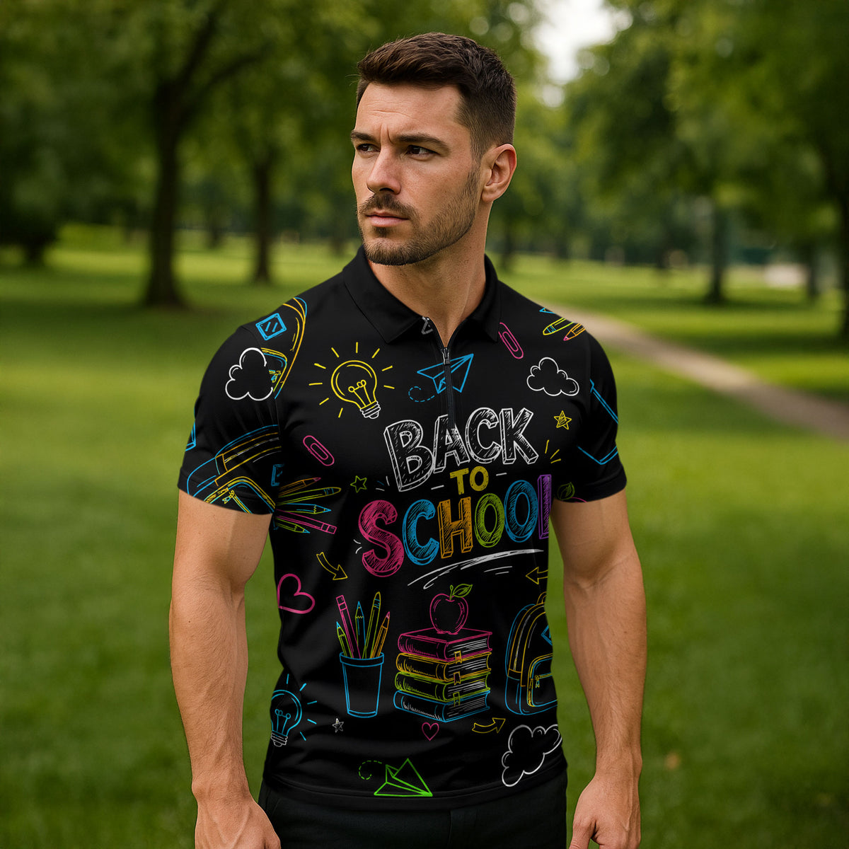 Back To School New Year New Chapter Zipper Polo Shirt Colorful Neon Chalkboard Doodle School Supplies